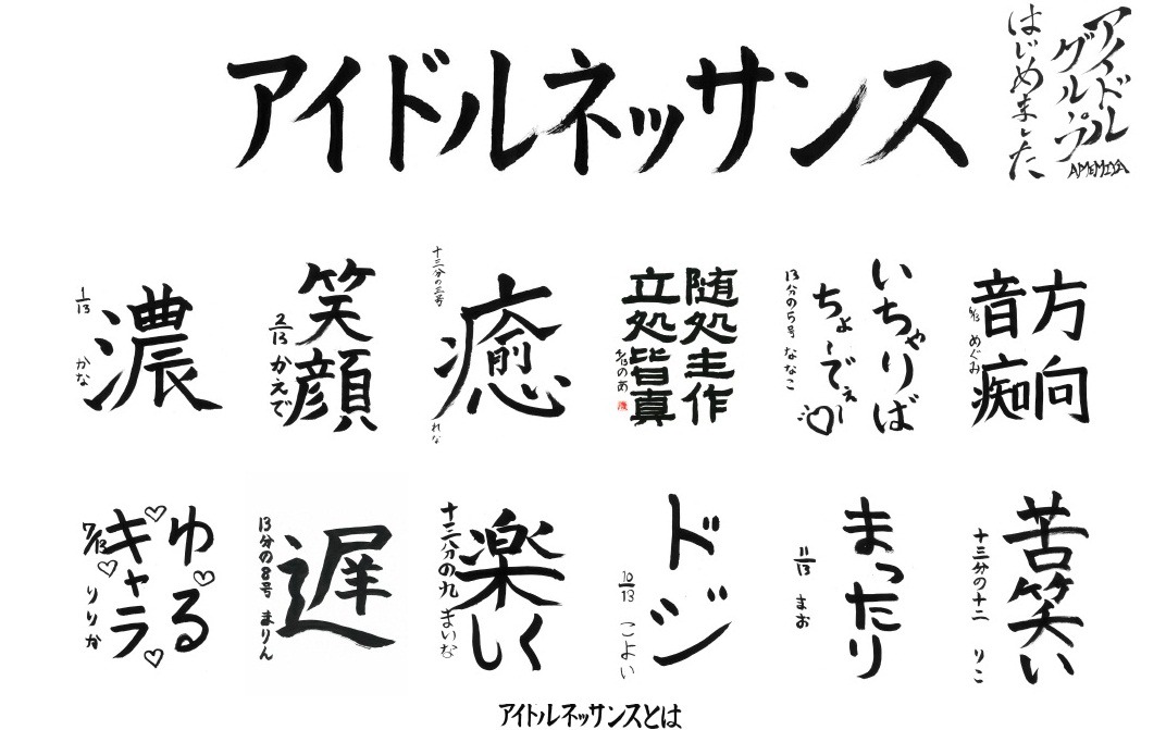「アイドルネッサンス」参加メンバーによる書き初め一覧。