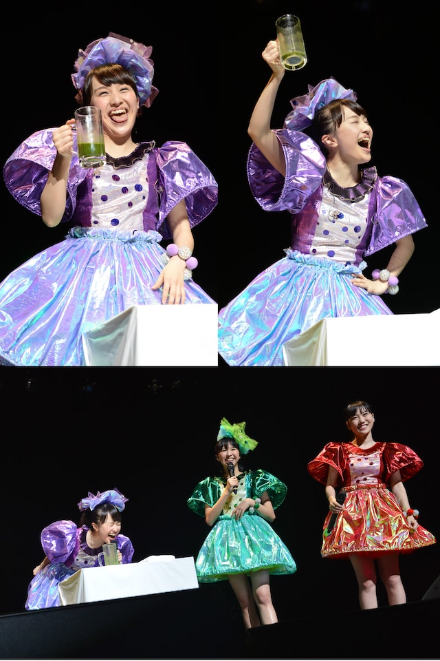 最下位になってしまった紫担当の百田夏菜子が罰ゲームの青汁の炭酸割りを飲む様子。