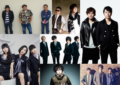 今回出演が発表されたアーティストたち。左上から時計回りに、BEGIN、Skoop On Somebody、ポルノグラフィティ、WEAVER、高橋優、Perfume。写真中央がflumpool。