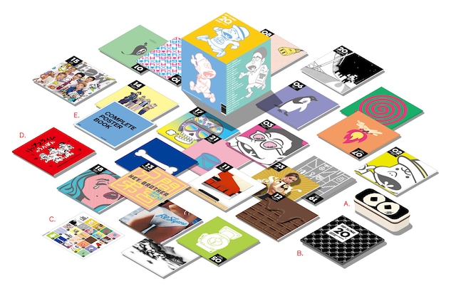 RIP SLYME「20th ANNIVERSARY COMPLETE SINGLE BOX」同梱物イメージ（A：ランチボックス、B：レジャーシート、C：ステッカーシート、D：RIP SLYME式 歌ボン、E：全シングル盤ポスター集＆RIP SLYMEメンバーコメント付き年表）。