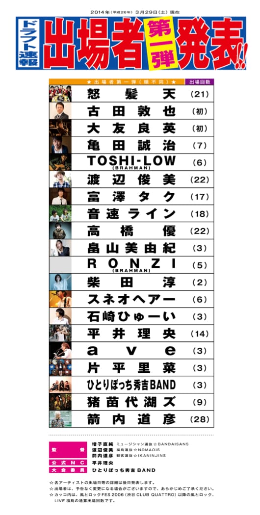 「風とロック芋煮会2014」第1弾出演者一覧