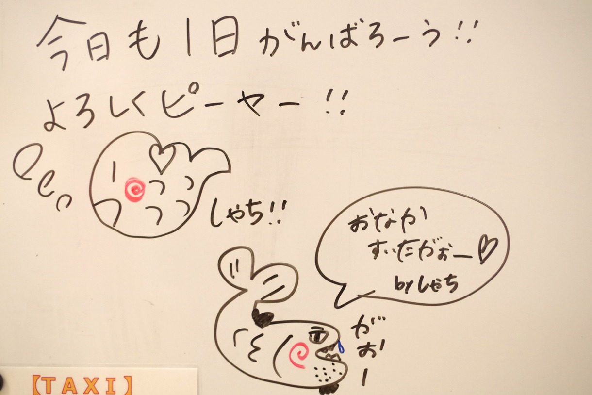 楽屋のホワイトボードに描かれた落書き。