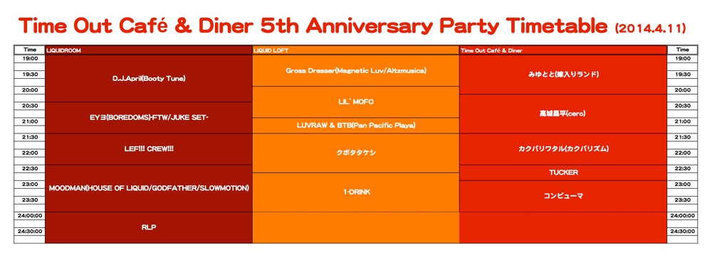 「Time Out Cafe & Diner 5th Anniversary Party」タイムテーブル