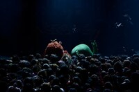 フロアの最前列で盛り上がるムックとガチャピン。（撮影：釘野孝宏）