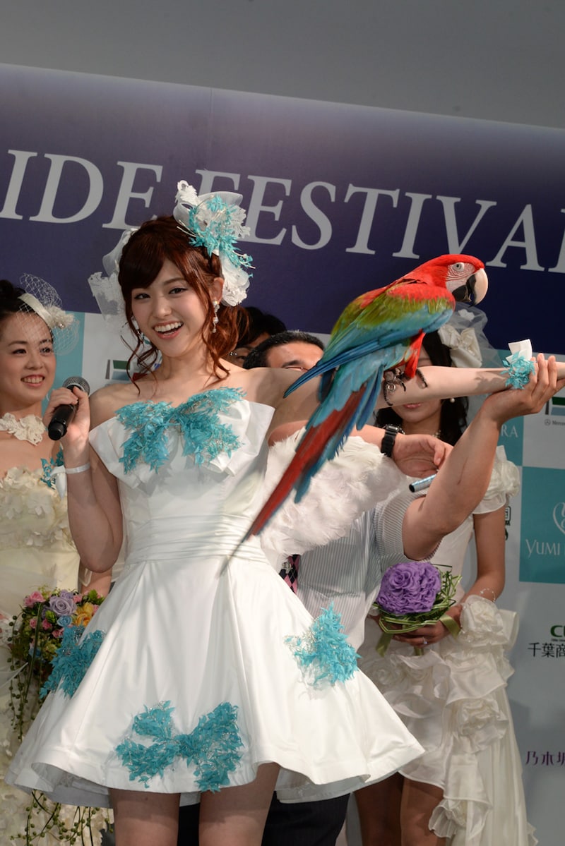 ベニコンゴウインコ「モリー」を腕に乗せる松村沙友理。