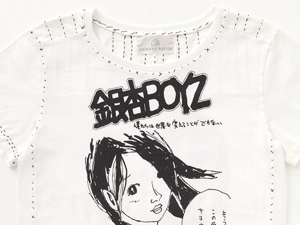 銀杏BOYZ & keisuke kanda「両A面の手縫いTシャツ」フロントのディティール。
