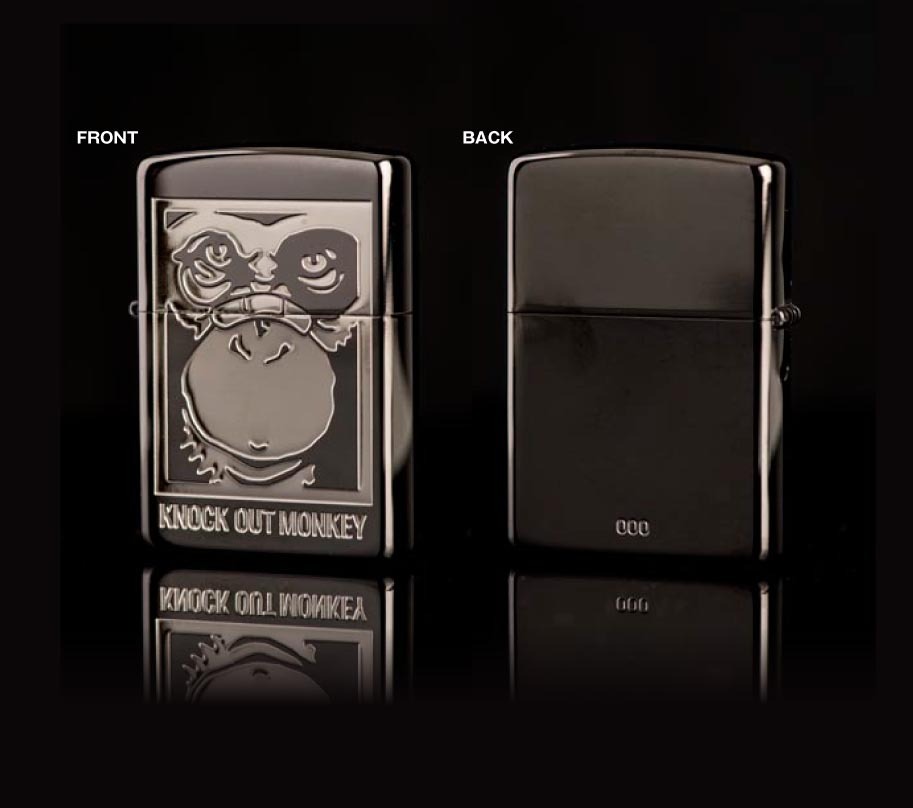 ZippoとKNOCK OUT MONKEYのコラボによるオリジナルZippoライター（ブラックニッケル）。