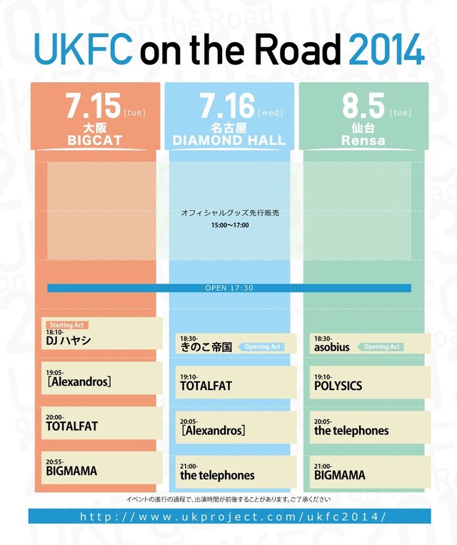 「UKFC on the Road 2014」大阪、名古屋、仙台公演のタイムテーブル。