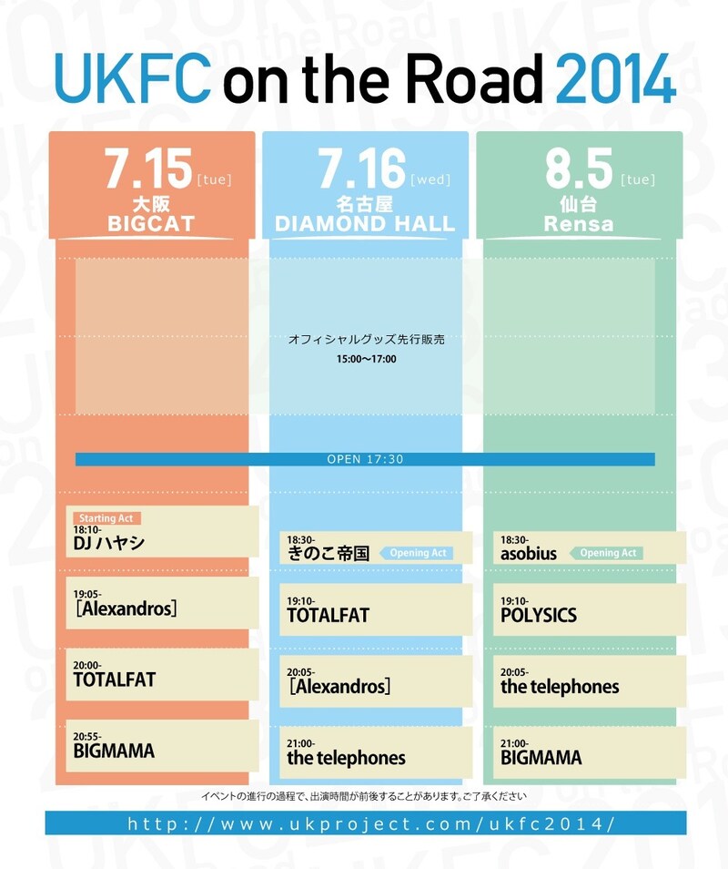 「UKFC on the Road 2014」大阪、名古屋、仙台公演のタイムテーブル。