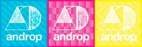 androp「Shout」購入者先着特典のジャケット柄andropモノグラムステッカー（3色）。