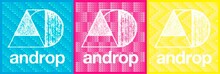 androp「Shout」購入者先着特典のジャケット柄andropモノグラムステッカー（3色）。