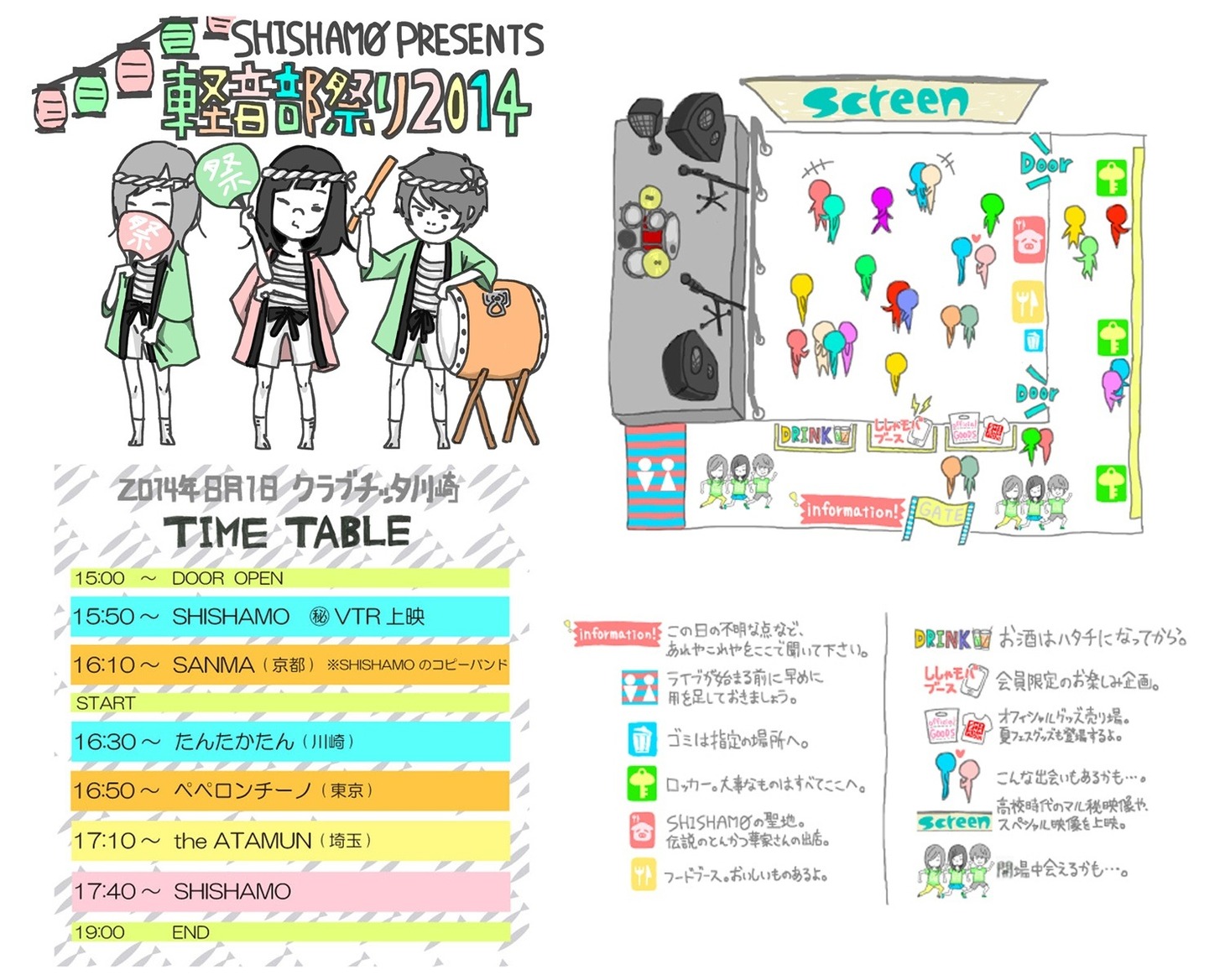 「軽音部祭り2014」タイムテーブルおよびエリアマップ。