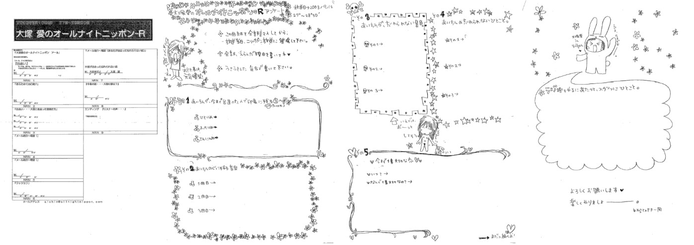 「大塚愛のオールナイトニッポンR」2003年放送時のQシートおよび原稿。