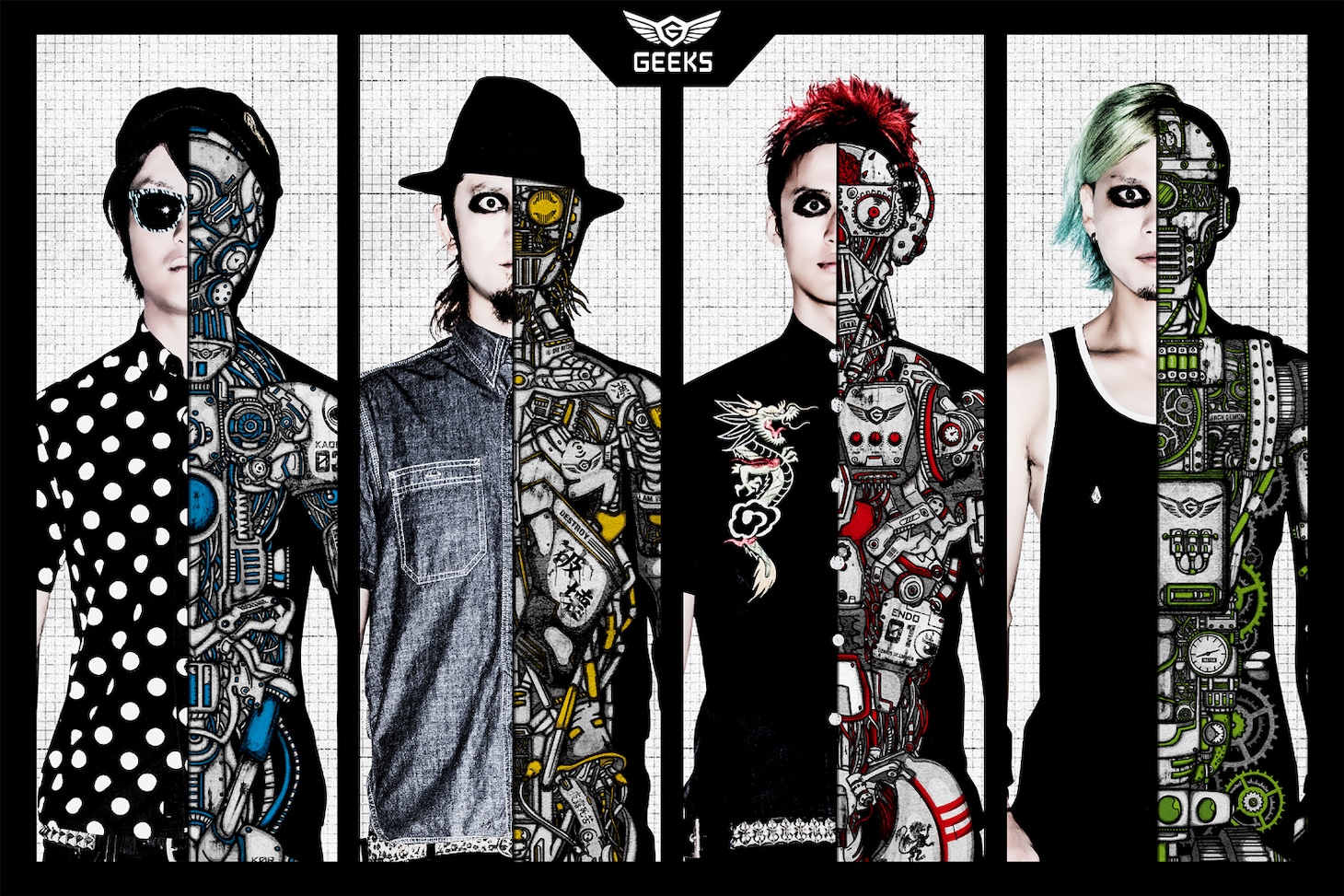GEEKS。左からキモヲタ戦士カオル（Key, Vo）、千葉のヤンキーミツ（B, Vo）、天才詐欺師エンドウ.（G, Vo）、下町のアークデーモンキョウヘイ（Dr, Vo）。