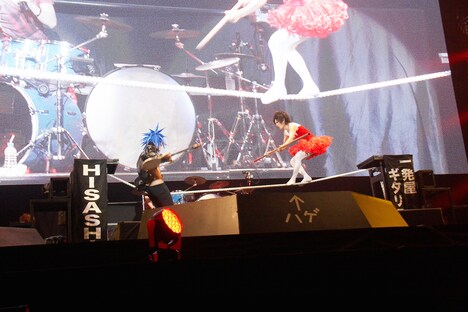 綱渡りに挑戦する樽美酒研二と喜矢武豊。（撮影：菅沼剛弘）