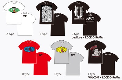 「FACT 15th Anniversary 『Rock-O-Rama』」来場者に配布されるTシャツのデザイン一覧。