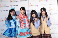 「アイアプレゼンツ SKE48＆HKT48のアイアイトーク」公開収録に出演するSKE48大矢真那、松井玲奈（乃木坂46兼任）、HKT48山田麻莉奈、井上由莉耶。
