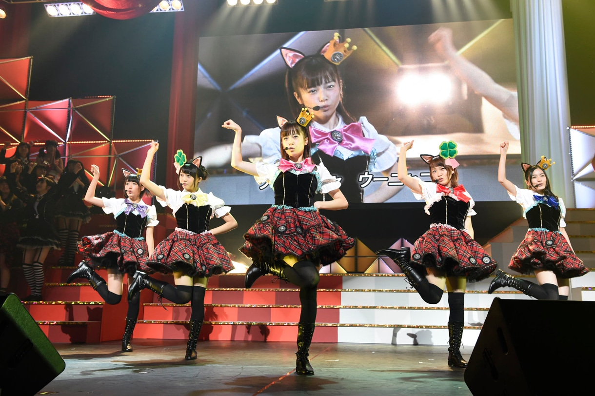 島崎遥香ら「ニャーKB with ツチノコパンダ」による楽曲披露の様子。 (c)AKS