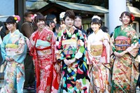 本殿に向かう新成人メンバー。左から桜井玲香、西野七瀬、若月佑美、井上小百合、能條愛未。