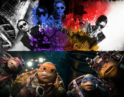 RIP SLYME「ナイショデオネガイシマス」ビデオクリップのワンシーン（上）と映画「ミュータント・タートルズ」のワンシーン（下）。 (c)2014 Paramount Pictures. All Rights Reserved.