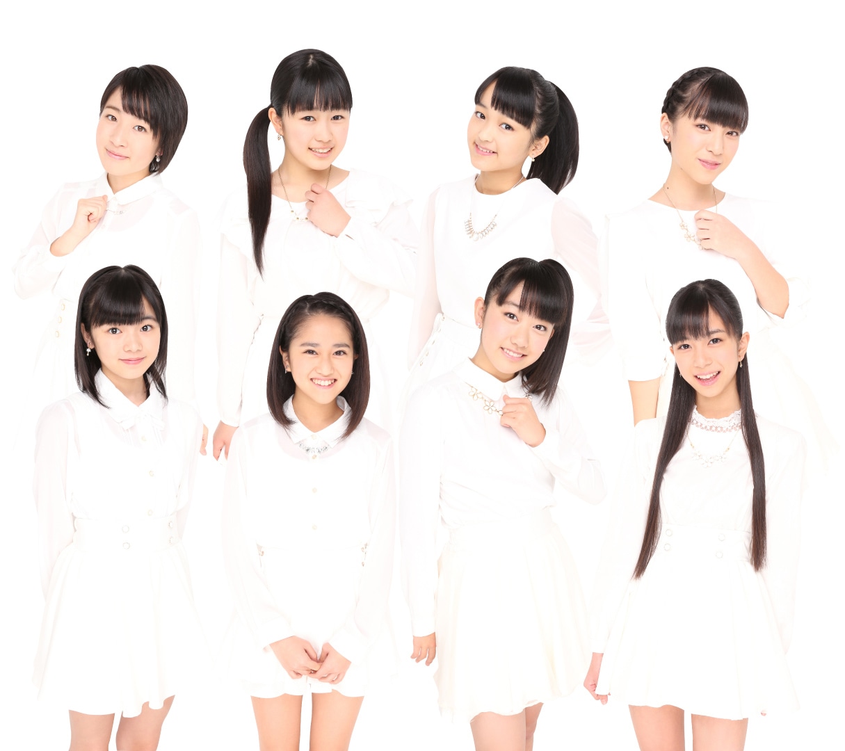 こぶしファクトリー。上段左から藤井梨央（15歳）、広瀬彩海（15歳）、野村みな美（15歳）、小川麗奈（14歳）。下段左から浜浦彩乃（14歳）、田口夏実（14歳）、和田桜子（13歳）、井上玲音（13歳）。