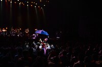 傘を差してフロアを歩くもも。