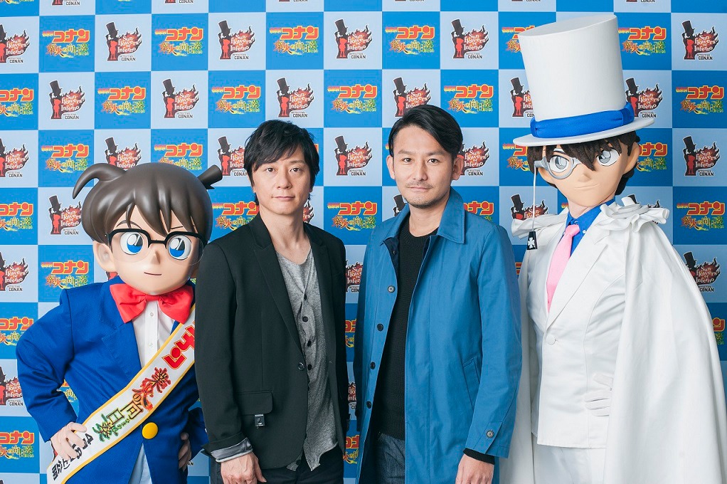 左から江戸川コナン、ポルノグラフィティの岡野昭仁（Vo）と新藤晴一（G）、怪盗キッド。(c)2015 青山剛昌 / 名探偵コナン製作委員会
