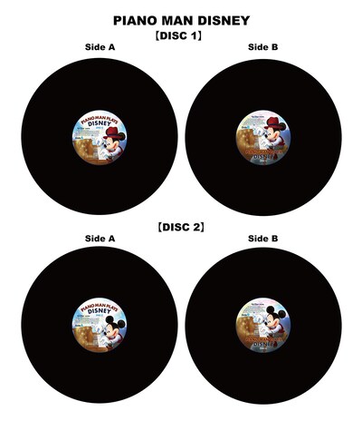 V.A.「PIANO MAN PLAYS DISNEY」12inchアナログ2枚組のレコード盤面。