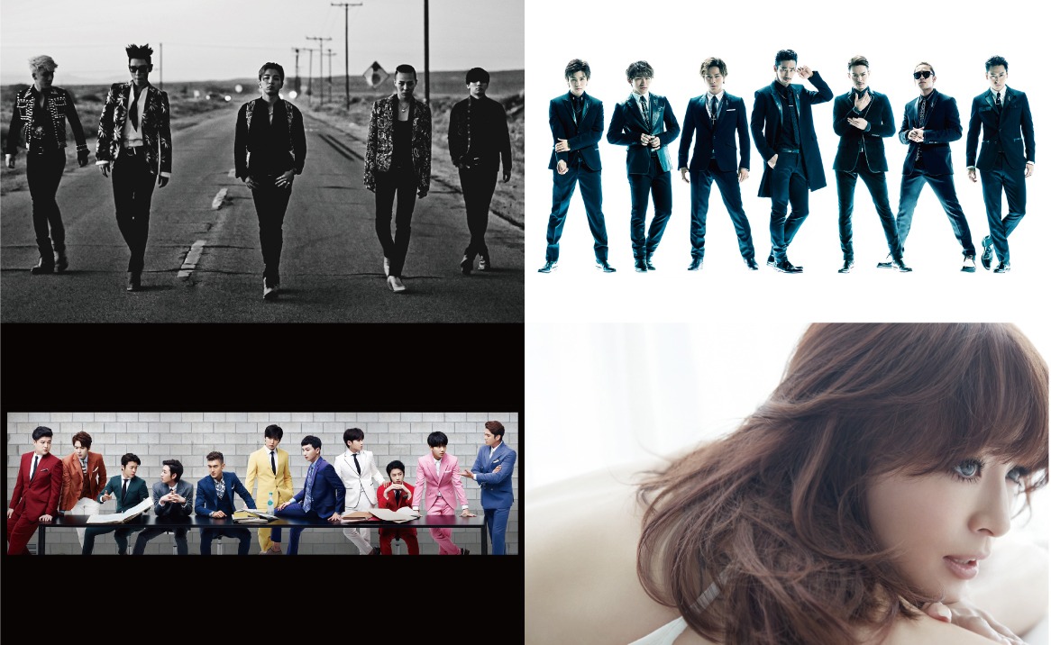 「a-nation stadium fes.」のヘッドライナー。写真左上より時計回りにBIGBANG、三代目 J Soul Brothers、浜崎あゆみ、SUPER JUNIOR。
