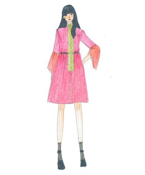 バンタンデザイン研究所の生徒による松尾レミ（Vo, G）の衣装のデザイン画。