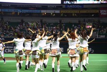 グラウンドへ駆け出すLinQ。 （写真提供：ジョブ・ネット）