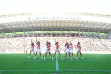 ラグビー国際試合「リポビタンDチャレンジカップ2015 日本代表 vs. ウルグアイ代表」のオープニングアクトに出演したLinQ。 （写真提供：ジョブ・ネット）