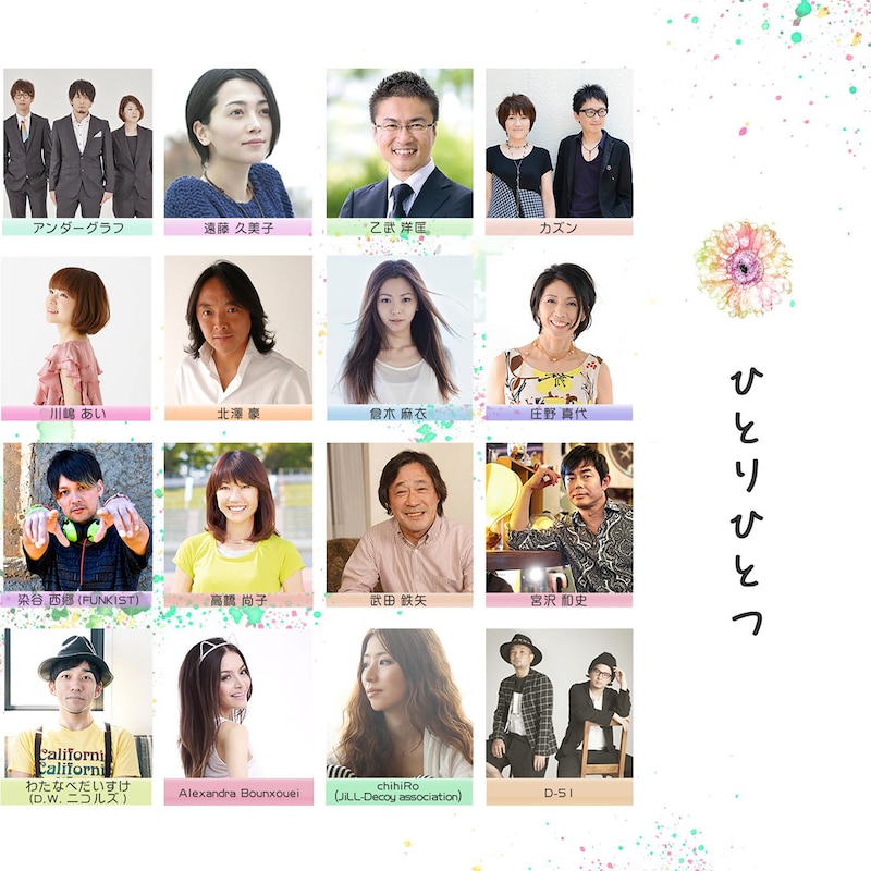 16 voices ～アンダーグラフ、遠藤 久美子、乙武 洋匡、カズン、川嶋 あい、北澤 豪、倉木 麻衣、庄野 真代、染谷 西郷、高橋 尚子、武田 鉄矢、宮沢 和史、わたなべだいすけ、Alexandra Bounxouei、chihiRo、D-51～「ひとり ひとつ」ジャケット