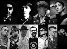 「Shuya Okino presents Mondo Grosso's The European Expedition Tribute Live」の出演者。上段左から沖野修也、大沢伸一、屋敷豪太、Monday満ちる。下段左から元晴、タブゾンビ、平戸祐介、コスガツヨシ、池田憲一、西岡ヒデロー、B-Bandj。