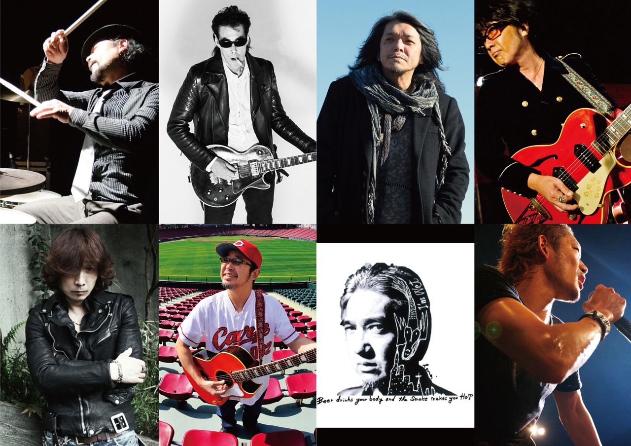 「BIG BEAT CARNIVAL "Rockin'Blues Parade"」出演者の一部。上段左から池畑潤二、鮎川誠、SION、土屋公平、下段左から浅井健一、奥田民生、イマイアキノブ、TOSHI-LOW。