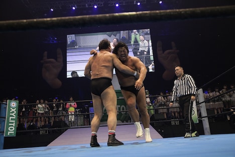 藤波辰爾、長州力によるプロレス対決の様子。（写真提供：ロッテPR事務局）