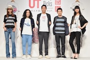 本日行われた記者発表会の様子。左より道端カレン、又吉直樹、ユニクロの松沼礼グローバルマーケティング部統括リーダー、綾部祐二、シシド・カフカ。