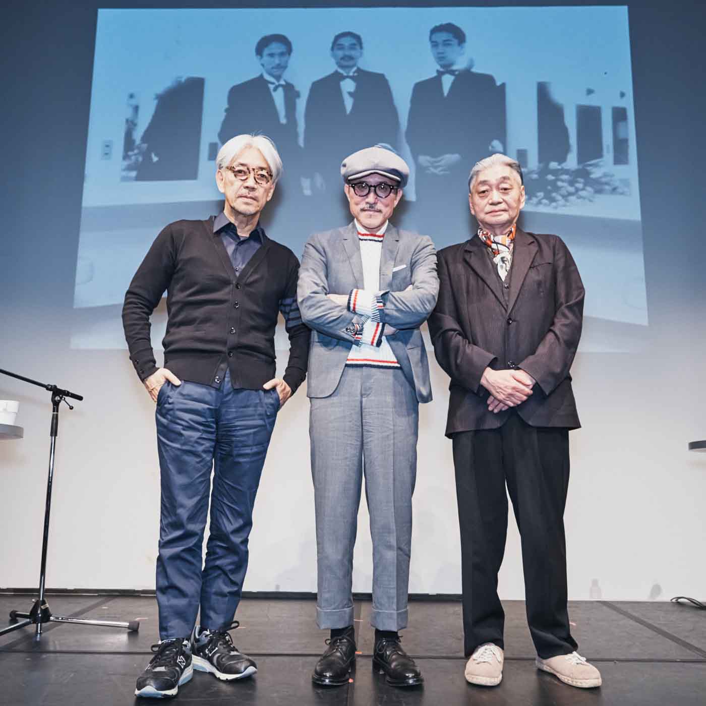 前夜祭に出演した坂本龍一、高橋幸宏、細野晴臣（左から）。（撮影：南賢太郎）