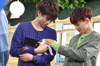 撮影の合間にスコティッシュフォールドの赤ちゃんとふれあう（左から）リョウガ、タクヤ。