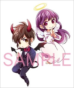 “ちび悪魔もちた”“ちび天使あかりん”デザイン缶バッジのイメージイラスト。