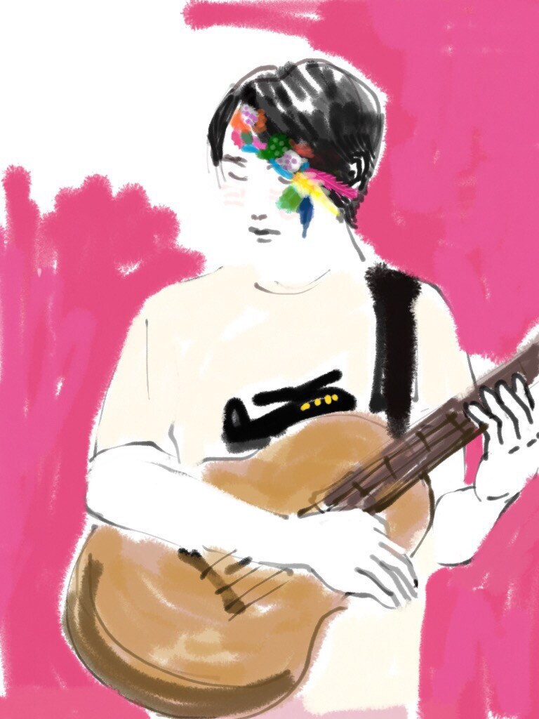 小沢健二「魔法的 Gターr ベasス Dラms キーeyズ」5月25日公演の様子。（イラスト：sucreusagi）