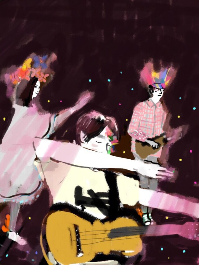 小沢健二「魔法的 Gターr ベasス Dラms キーeyズ」5月25日公演の様子。（イラスト：sucreusagi）