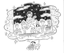 小沢健二「魔法的 Gターr ベasス Dラms キーeyズ」5月25日公演の様子。（イラスト：鈴木裕之）