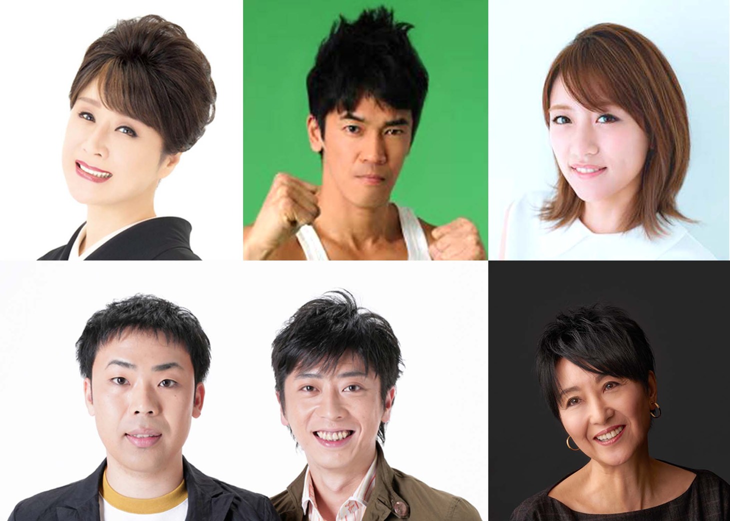 左上から時計回りに小林幸子、武井壮、高橋みなみ、吉川美代子、フットボールアワー。