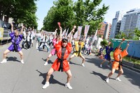 アップアップガールズ（仮）とファンによる「パーリーピーポーエイリアン“YOSAKOIソーランver.”」披露の様子。