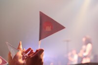 手作りフラッグを掲げるファン。（撮影：竹谷さくら）