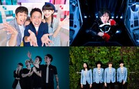 左上から時計回りに、MCのチュートリアルと菅沼ゆり、岡崎体育、THE BAWDIES、SiM。