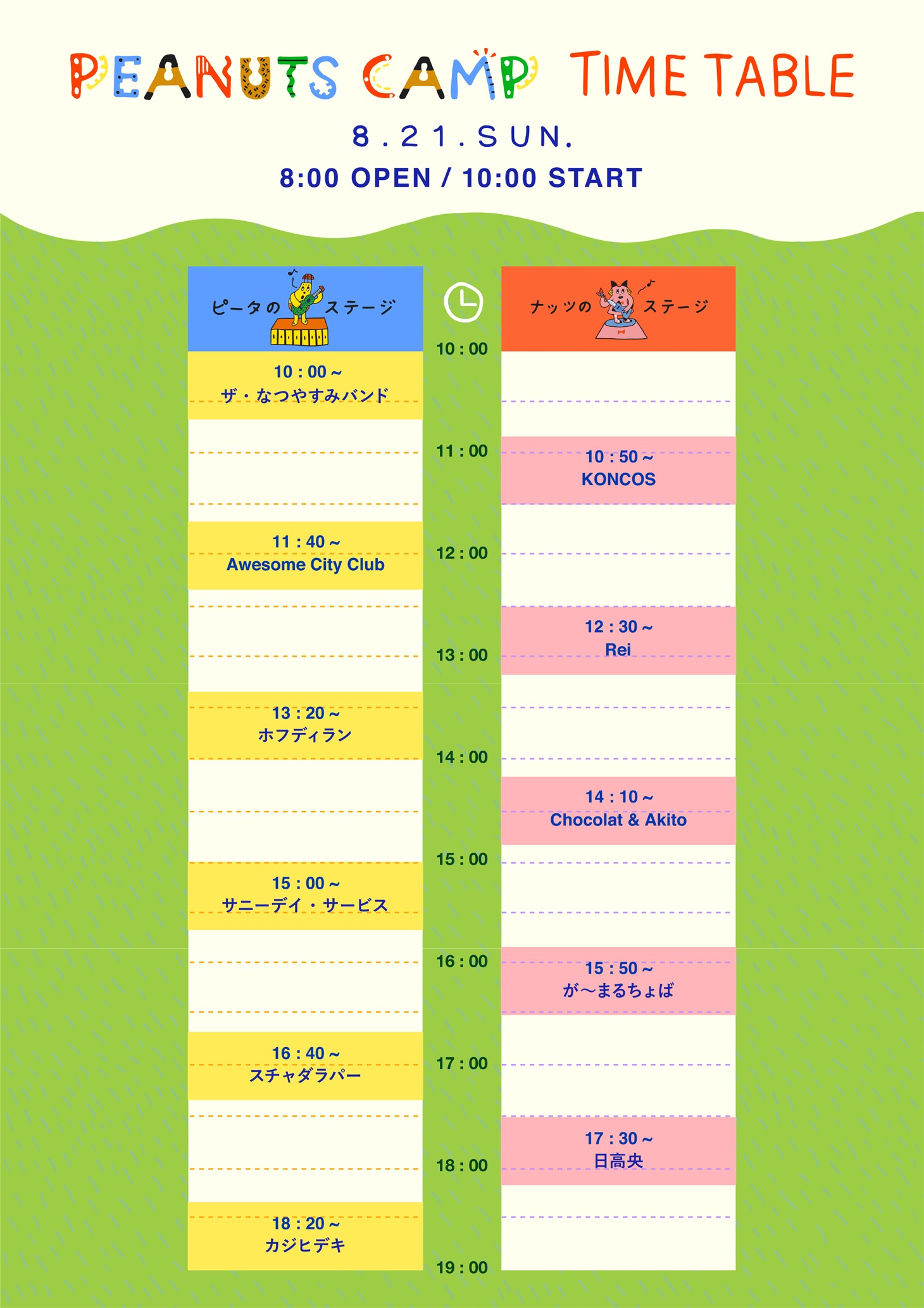 「PEANUTS CAMP」8月21日公演のタイムテーブル。