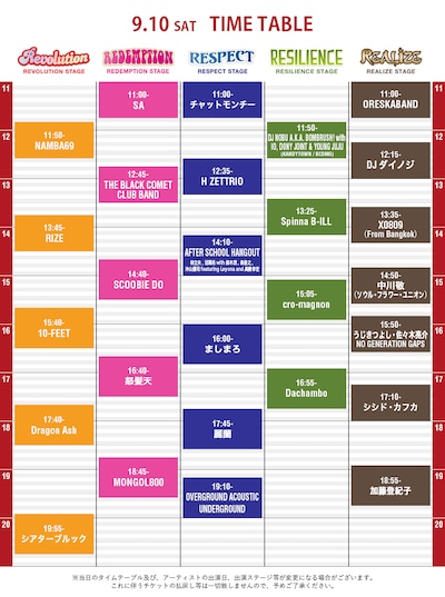 「中津川 THE SOLAR BUDOKAN 2016」9月10日タイムテーブル