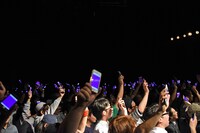 紫に光るスマートフォンを掲げるヘッズ。